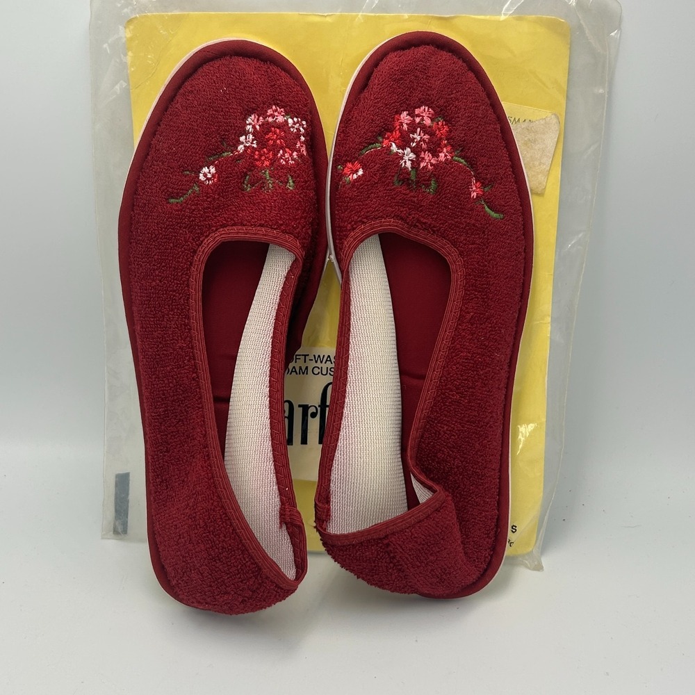 Vintage Granny Slippers Red Embroidery Floral Grandma Cottage DearfoamSmall 5-6